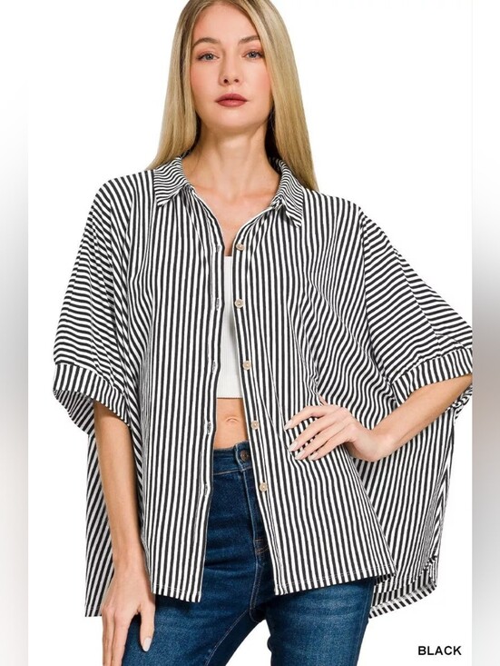 Zenana Outfitters Tops - Zenana Black White Oversized Vertical Stripe Button-Down Short Sleeve Shirt L/XL